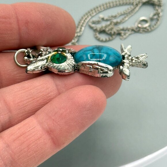 Vintage Owl Pendant Necklace Silver Chain Faux Turquoise & Green Gemstone Eyes - Picture 11 of 13